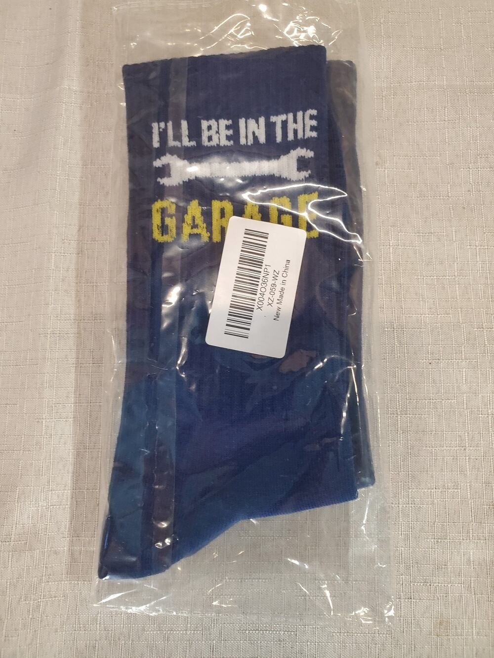Mens Socks Ill Be In The Garage Wrench Graphic Blue Yellow Funny Mechanic